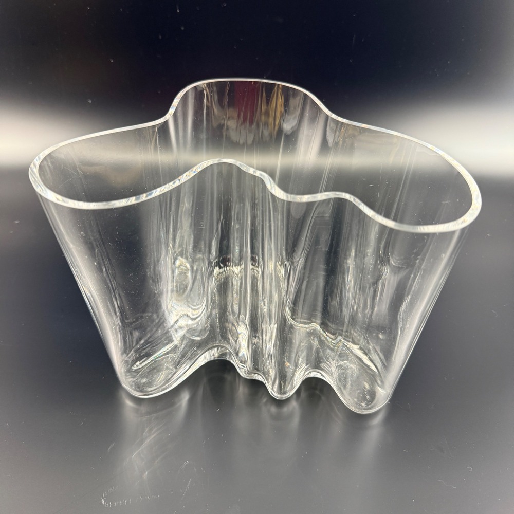 Early Iittala Alvar Aalto Clear Glass Wave Vase Hand Signed Savoy 160mm